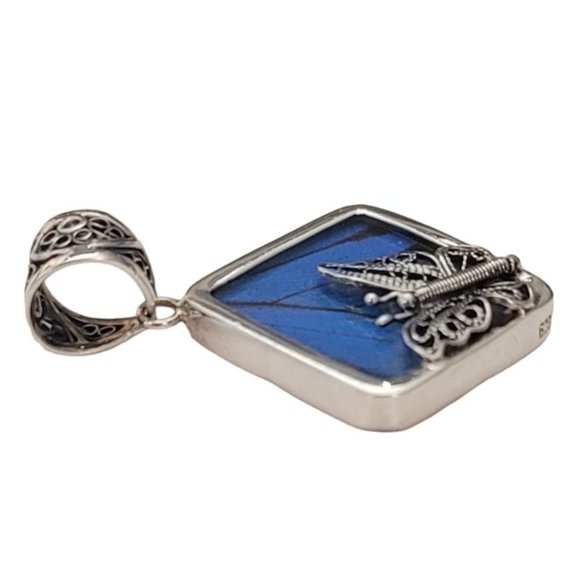 Sterling Silver Butterfly Charm, Blue Wing Large Filigree Bale Pendant E584 - Picture 4 of 9